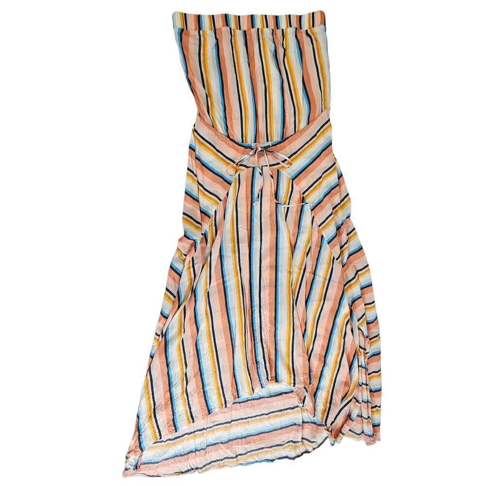 Swimsuits For All Multi Color Striped HighLow Strapless Cover Up Dress 10/12